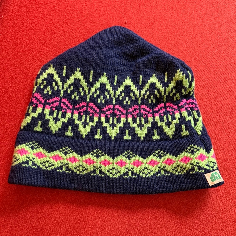 Moriarty Vermont Original Wool Beanie Fair Isle Knit Navy Green Pink Unisex